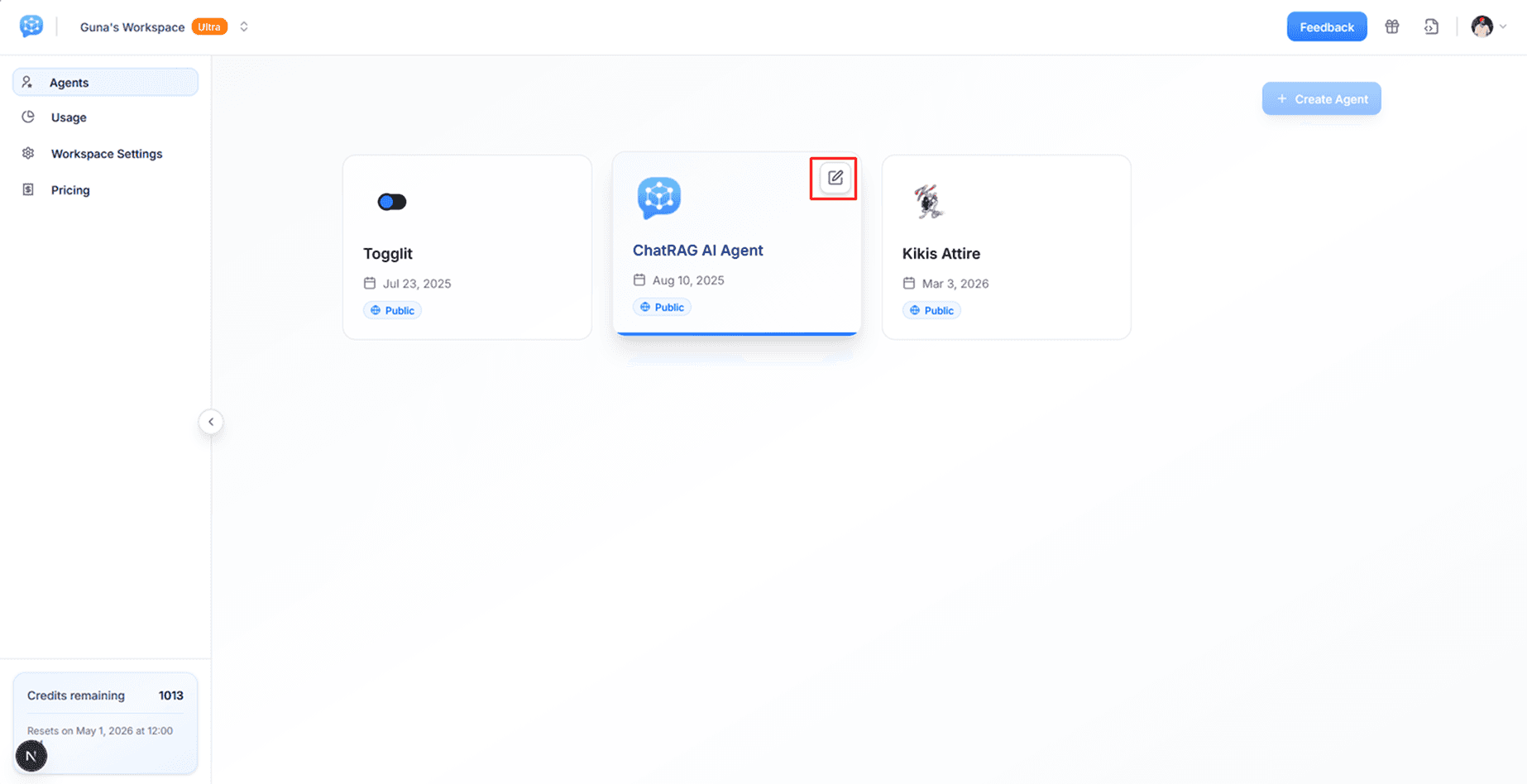ChatRAG dashboard showing available agents