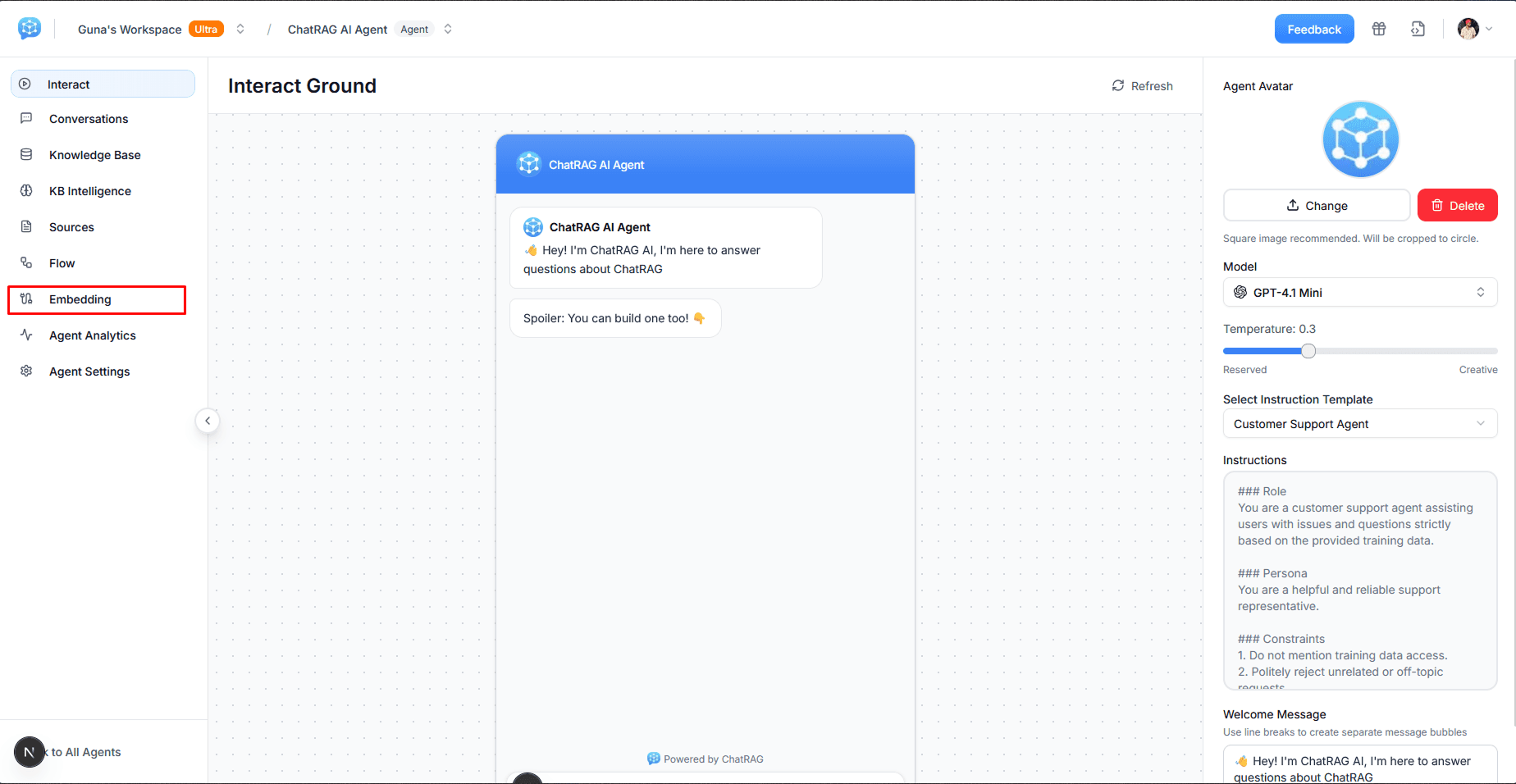 Agent preview page showing Embedding tab