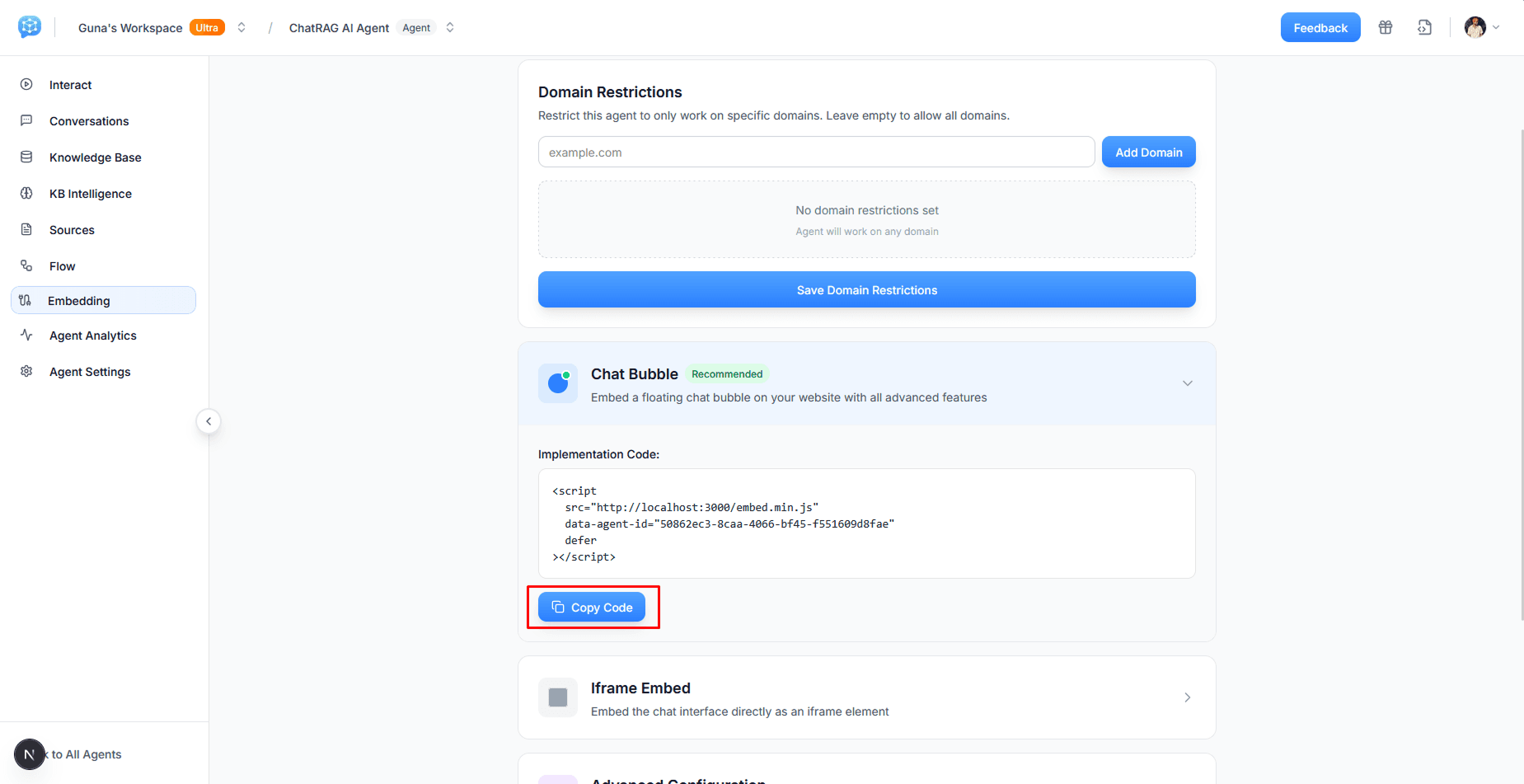 ChatRAG embed code with Copy Code button highlighted
