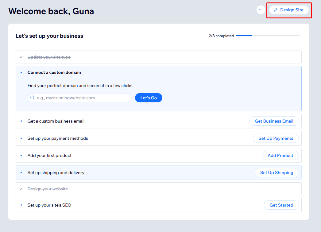 Wix dashboard with Design Site button highlighted