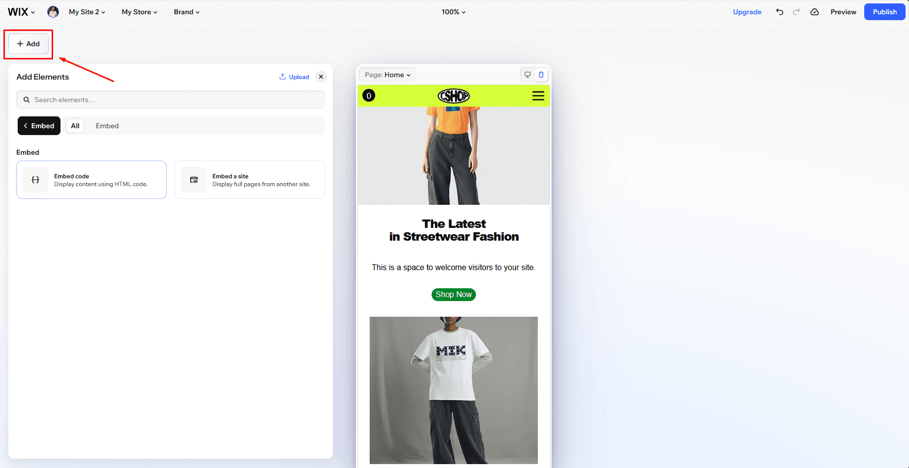 Wix editor showing Add Elements button and Embed options