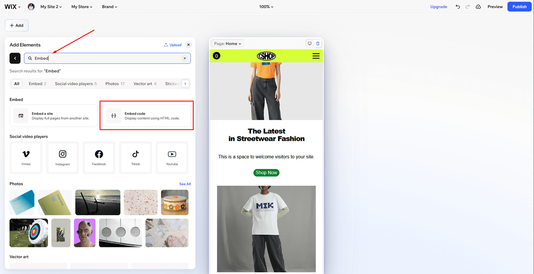 Search results in Wix showing Embed code option