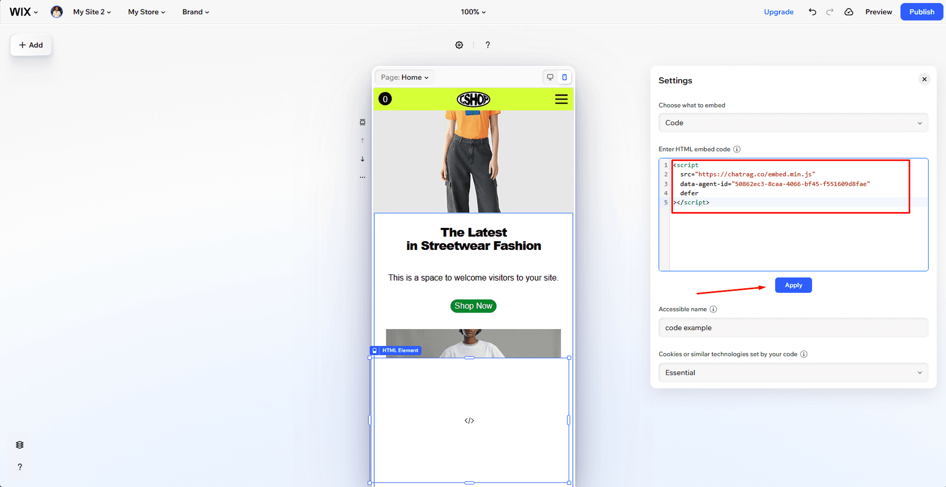 Wix embed code settings showing pasted ChatRAG code with Apply button