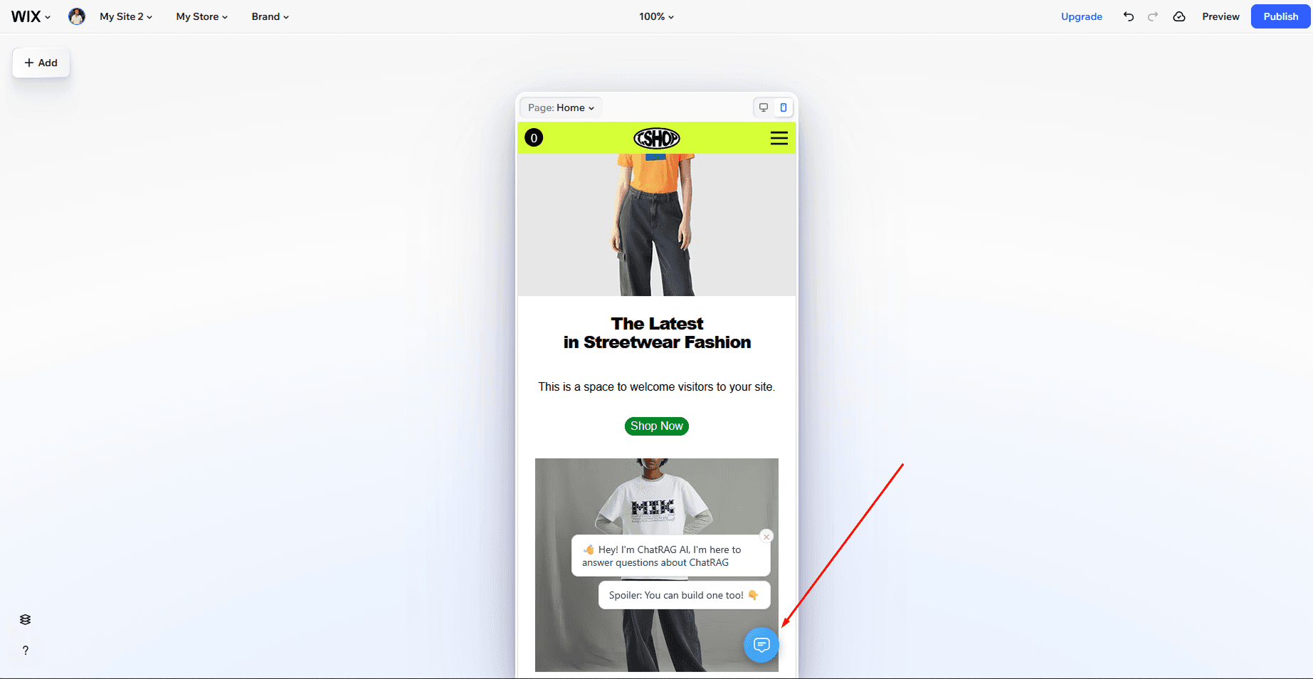 Live Wix website showing ChatRAG chat widget in bottom right corner